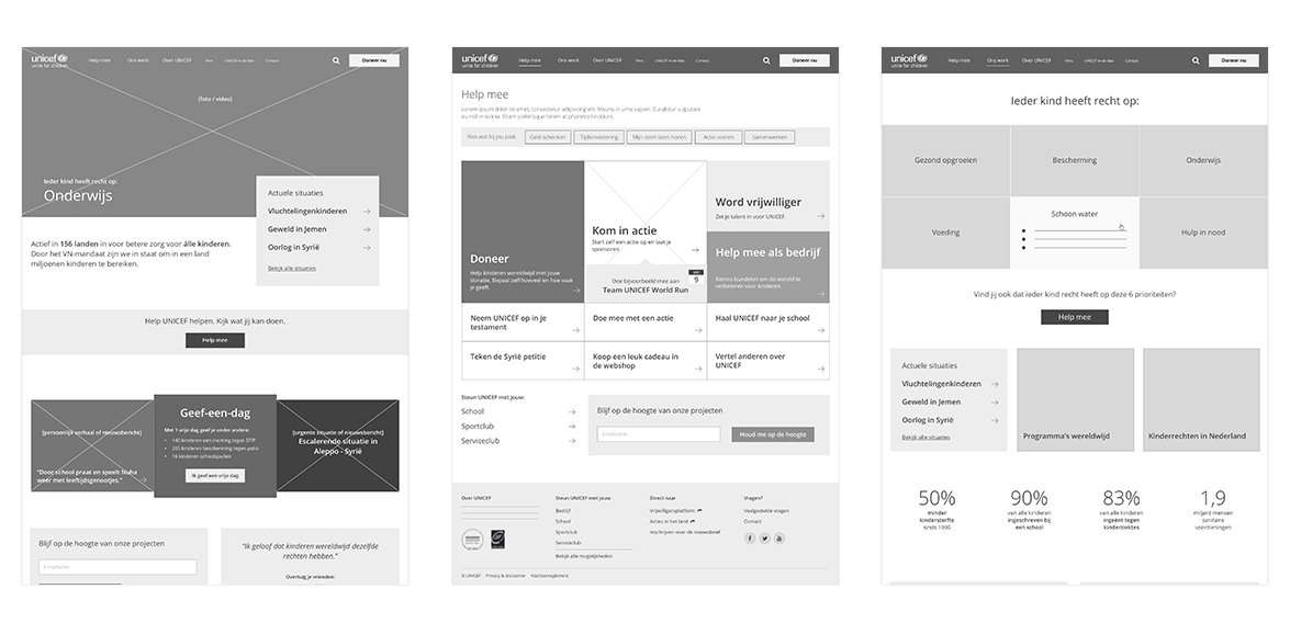 Wireframes van pagina's website UNICEF